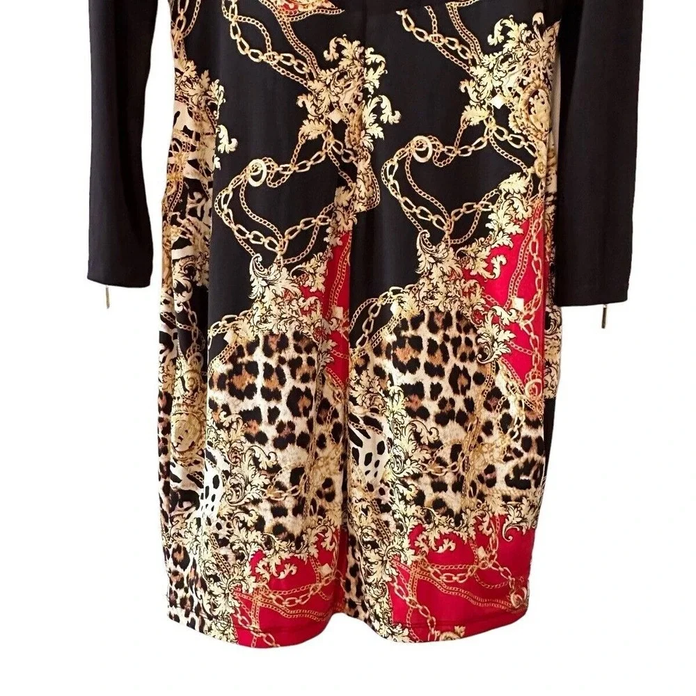Thalia Sodi Black Red Chain Link Animal Print Sheath Ruched Bodycon LS Zipper M - Picture 8 of 16